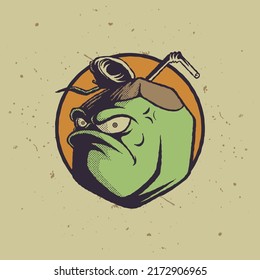 Cartoon emblem of fierce faced coconut fruit with retro style