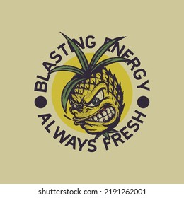 Cartoon emblem of fierce faced pineapple fruit mascot with retro style