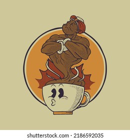 Cartoon emblem of genie coffee mascot with retro style