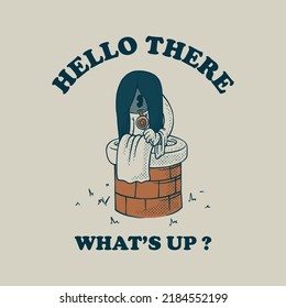 Cartoon emblem of ghost sitting on the well with retro style