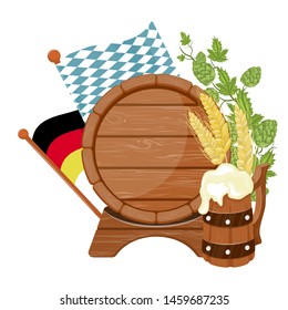 Cartoon emblem with glasses of beer, wooden barrel. Isolated on white background. Vector illustration.