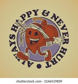 Cartoon Emblem Of Happy Battered Heart With Retro Style