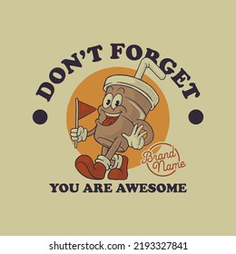Cartoon emblem of happy beverage cup mascot with retro style