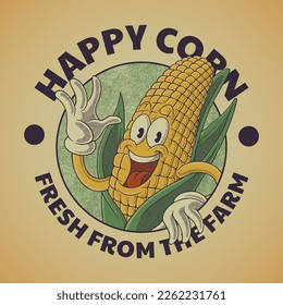 cartoon emblem of happy corn mascot with retro style