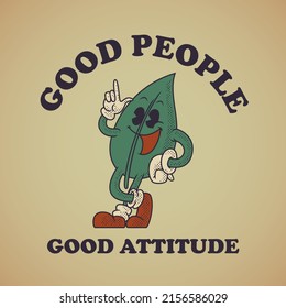 Cartoon emblem of happy leaf with retro style