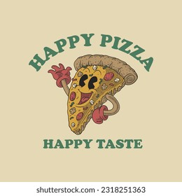 Cartoon emblem of happy pizza with retro style