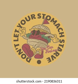 Cartoon emblem of happy walking burger mascot with retro style