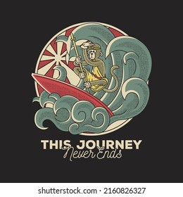 Emblema de dibujos animados de monos haciendo surf con estilo retro