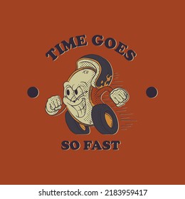 cartoon emblem of running clock with retro style