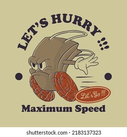 cartoon emblem of running paper bag with retro style