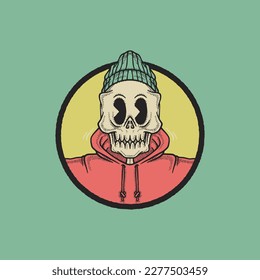 cartoon emblem of skull wearing beanie hat with retro style