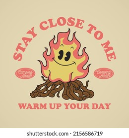 Cartoon emblem of smiling campfire with retro style