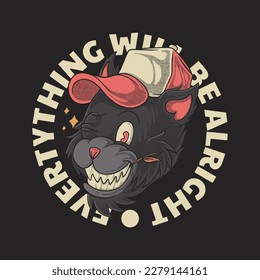 emblema de dibujos animados de cabeza de gato negro guiñada con estilo retro