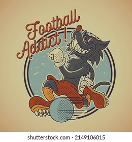 Cartoon emblem of wolf playing football with retro style