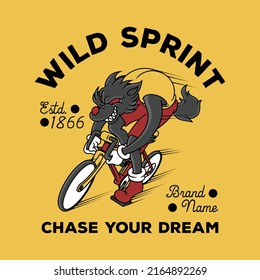 Cartoon emblem of wolf riding a road bike with retro style