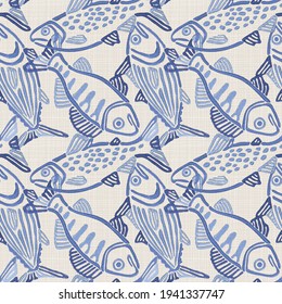 Cartoon embroidered fish on a linen background seamless pattern. Prints for textiles. Handmade.  