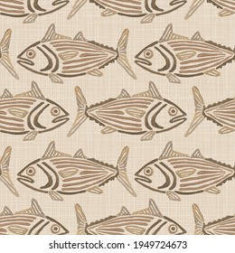 Cartoon embroidered fish on a linen background seamless pattern. Prints for textiles. Handmade.  
