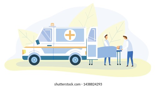 Cartoon Emergency Doctors Paramedics Transporting Victim on Medical Stretcher to Hospital. Flat Modern Medicine Ambulance, Unconscious Patient and Professional Rescue Staff. Vector Illustration