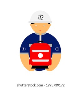 Cartoon Of A Emergency Medical Technician With First Aid Kid On White Background.