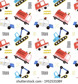 Cartoon emergency vehicles vector seamless pattern. Cute kids ambulance, police car, fire engine truck with siren flasher light and excavator on white background. Hand drawn rescue team transports