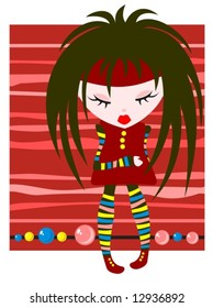 Cartoon emo girl on a red striped background with bead.