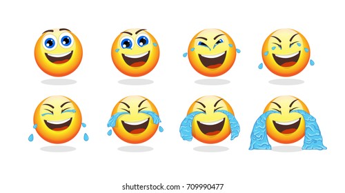 Cartoon emoji animation collection with funny cute emoticon crying with laughter isolated vector illustration