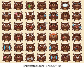 Cartoon emoji bears set icons of emoticons. Cartoon animal characters flat style. Symbols digital chat objects. Vector illustration