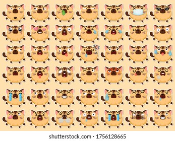 Cartoon emoji cats set icons stickers emoticons. Cartoon animal characters different emotions. Symbols digital chat objects. Vector illustration