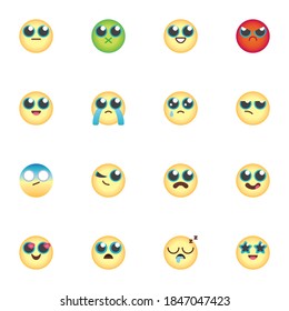 Cartoon emoji collection, flat icons set, Colorful symbols pack contains - round smiley, circle emoticon, happy emoji face expression . Vector illustration. Flat style design