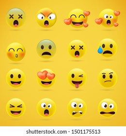 Cartoon emoji collection. Set of emoticons with different mood. 3d style vector illustration isolated on yellow background.