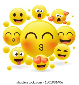 Cartoon emoji collection. Set of emoticons with a different mood. 3d style vector illustration isolated on yellow background.