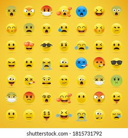 Cartoon emoji collection. Set of emoticons with different mood.Set of happy, smile, laughing, joyful, sad, angry and crying faces yellow emoticons.