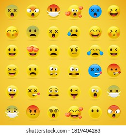 Cartoon emoji collection. Set of emoticons with different mood. 3d style vector illustration isolated on yellow background.
