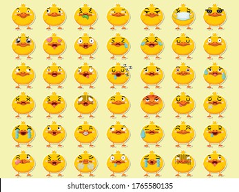 Cartoon emoji ducks set icons stickers emoticons. Cartoon animal characters different emotions. Symbols digital chat objects. Vector illustration