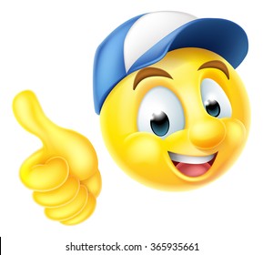 Cartoon Emoji Emoticon Smiley Face Character Wearing A Workers Cap And Giving A Thumbs Up