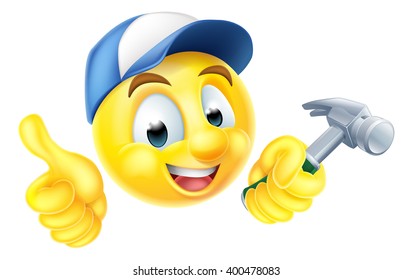 Cartoon emoji emoticon smiley face carpenter character holding a hammer