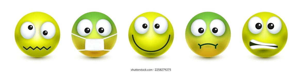 Cartoon emoji, emoticons collection. Green face with emotions, mood. Facial expression, realistic emoji. Sad, happy, angry faces. Funny character with smiling face. Vector illustration