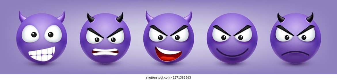 Cartoon emoji, emoticons collection. Violet face with emotions, mood. Facial expression, realistic emoji. Sad, happy, angry faces. Funny character with smiling face. Vector illustration