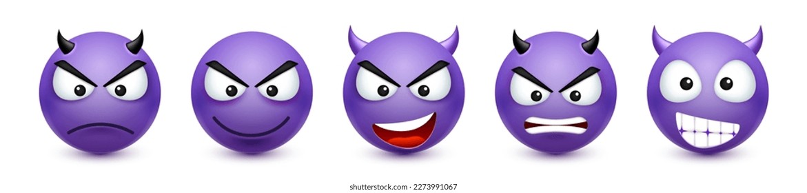 Cartoon emoji, emoticons collection. Violet face with emotions, mood. Facial expression, realistic emoji. Sad, happy, angry faces. Funny character with smiling face. Vector illustration