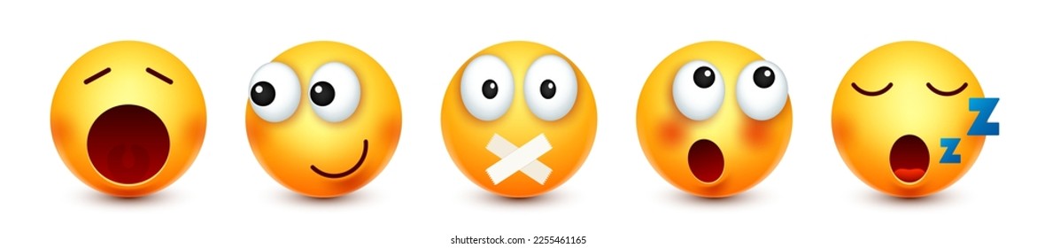 Cartoon emoji, emoticons collection. Yellow face with emotions, mood. Facial expression, realistic emoji. Sad, happy, angry faces. Funny character with smiling face. Vector illustration