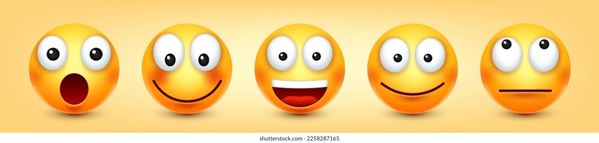 Cartoon emoji, emoticons collection. Yellow face with emotions, mood. Facial expression, realistic emoji. Sad, happy, angry faces. Funny character with smiling face. Vector illustration