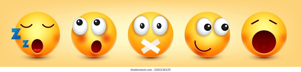 Cartoon emoji, emoticons collection. Yellow face with emotions, mood. Facial expression, realistic emoji. Sad, happy, angry faces. Funny character with smiling face. Vector illustration