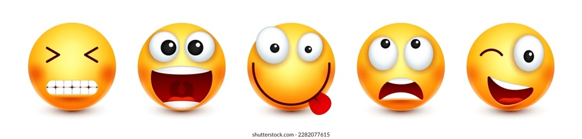 Cartoon emoji, emoticons collection. Yellow face with emotions, mood. Facial expression, realistic emoji. Sad, happy, angry faces. Funny character with smiling face. Vector illustration