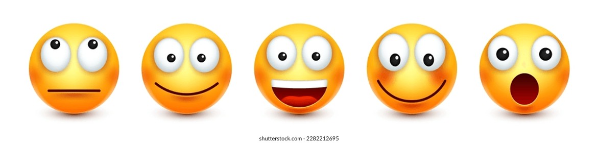 Emoji de dibujos animados, colección de emoticonos. Cara amarilla con emociones, ánimo. Expresión facial, emoji realista. Caras tristes, alegres y enfadadas. Carácter gracioso con cara sonriente. Ilustración del vector