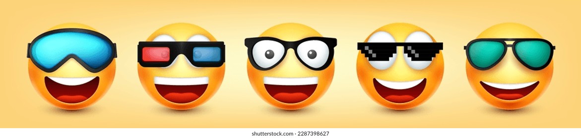 Cartoon emoji, emoticons collection. Yellow face with emotions, mood. Facial expression, realistic emoji. Sad, happy, angry faces. Funny character with smiling face. Vector illustration