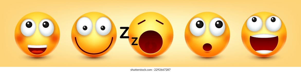 Cartoon emoji, emoticons collection. Yellow face with emotions, mood. Facial expression, realistic emoji. Sad, happy, angry faces. Funny character with smiling face. Vector illustration