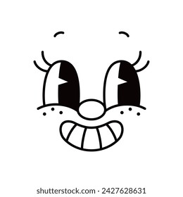 Cartoon emoji face, comic groovie retro emotion eyes, vector funny emoticon character. Comic groovy face with happy smile mouth, teeth and eyelash, funky silly face in retro cartoon doodle