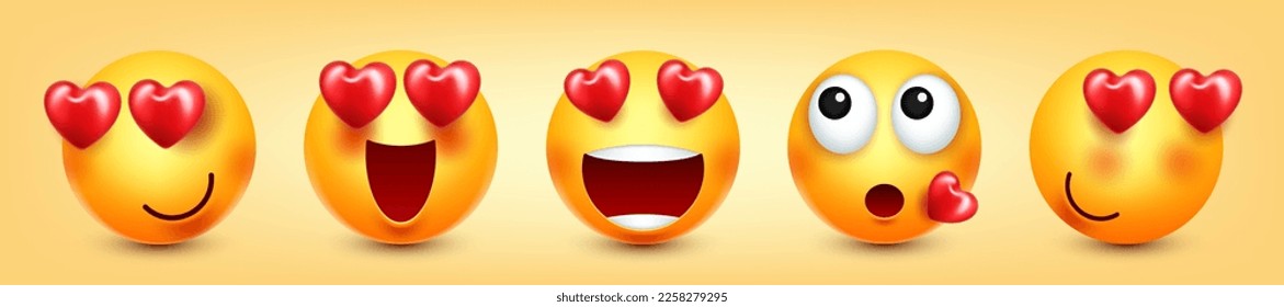 Cartoon emoji with hearts, emoticons collection. Yellow face with emotions, mood. Facial expression, realistic emoji. Sad, happy, angry faces. Funny character with smiling face. Vector illustration