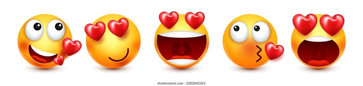 Cartoon emoji with hearts, emoticons collection. Yellow face with emotions, mood. Facial expression, realistic emoji. Sad, happy, angry faces. Funny character with smiling face. Vector illustration