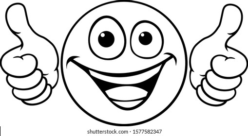 A cartoon emoji icon emoticon looking very happy with two thumbs up